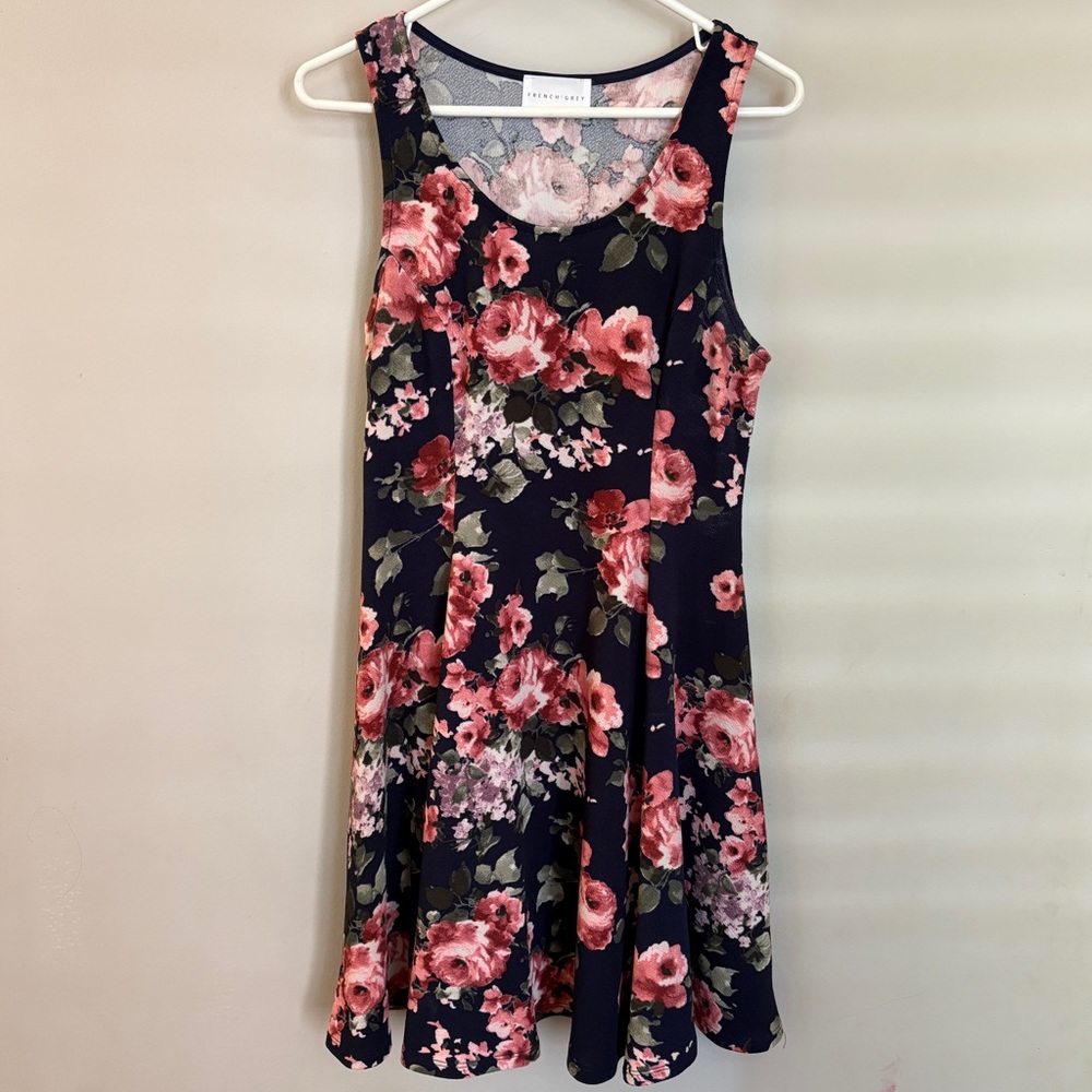 🌸 French Grey Navy Pink Floral Sleeveless Fit & Flare Dress – Size L 🌸